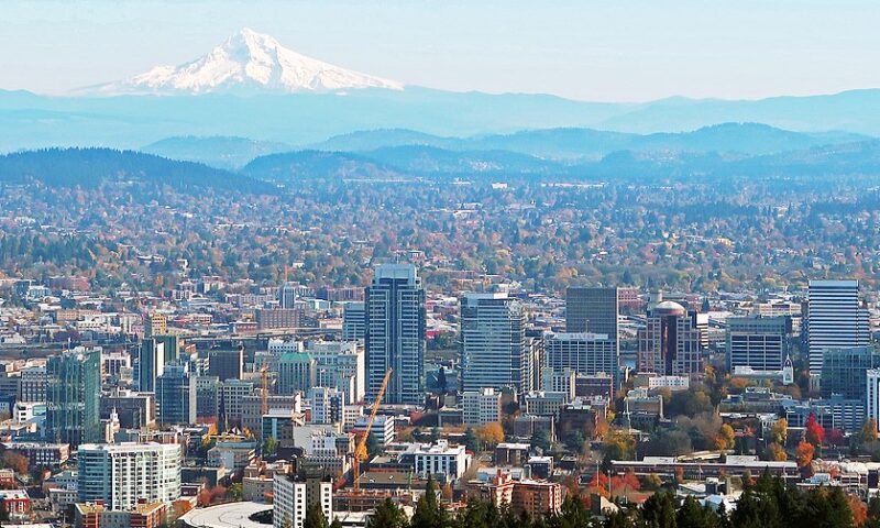 The skyline of downtown Portland and Mt. Hood as seen from Pittock Mansion.