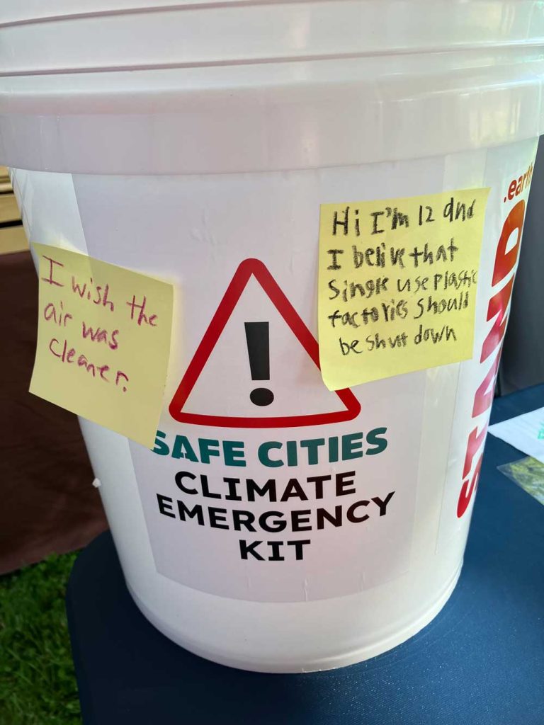 One of my favorite wishes (pictured here pasted to the climate emergency kit) came from a 12 year old volunteer who said “single use plastic factories should be shut down.” I agree!